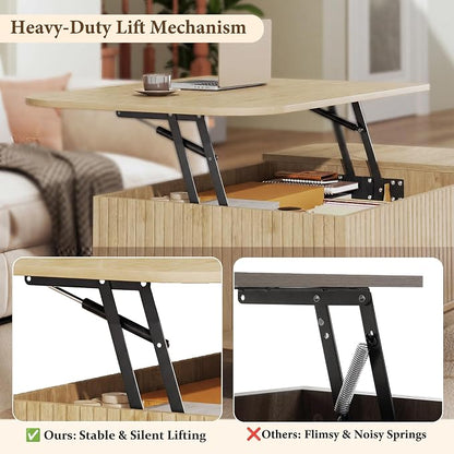 HUAHUU Coffee Table with Storage, 37.4" Lift Top Table for Living Room, Mid Century Modern Coffee Table with Sliding Fluted Doors for Small Space, Light Oak