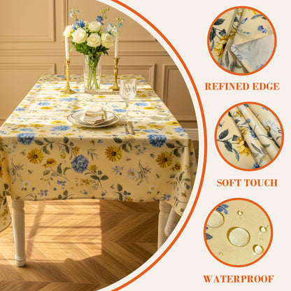 LOSIVISHE Spring Floral Tablecloth Waterproof Yellow Table Cover with Sunflowers, Hydrangeas & Daisies – Waterproof Fabric Table Cloth for Dining Room, Kitchen, Party & Outdoor Decor, W60 x L102 in