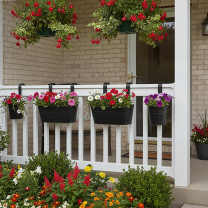 Romooa 16 Pcs Hanging Flower Pots Planters for Outdoor Metal Iron Wall Flower Planter Baskets for Railing Fence Balcony Garden Yard Home Indoor Decoration with Detachable Hooks(Black)