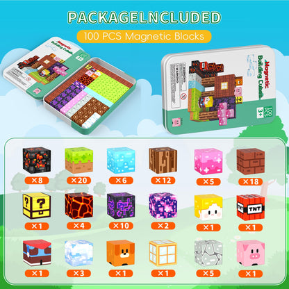 Petenjoy 100PCS Magnetic Blocks - Magnetic Building Blocks, Magnet Blocks Cubes, STEM Learning Sensory Magnet Toy for Kids Ages 3 4 5 6 7 8 9 10 11, Birthday Gifts for Boys and Girls