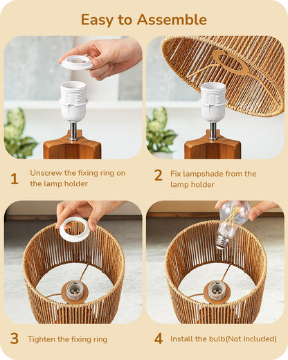 EDISHINE Small Table Lamp, Rose Wood Tripod Nightstand Lamp, Handwoven Paper Rope Shade, 14.6" Rattan Bedside Lamp for Bedroom Living Room, Office, On-Off Line Switch, E26 Base(Bulb Not Included)