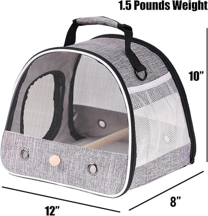 Small Bird Travel Carrier, Portable Mesh Vented Bird Carrier Cage for Parakeet, Parrot, Cockatiel, Guinea Pig, Bearded Dragon Reptile Carrier for Hiking Vet Visit Bicycle Ride (Grey, Mesh Window)