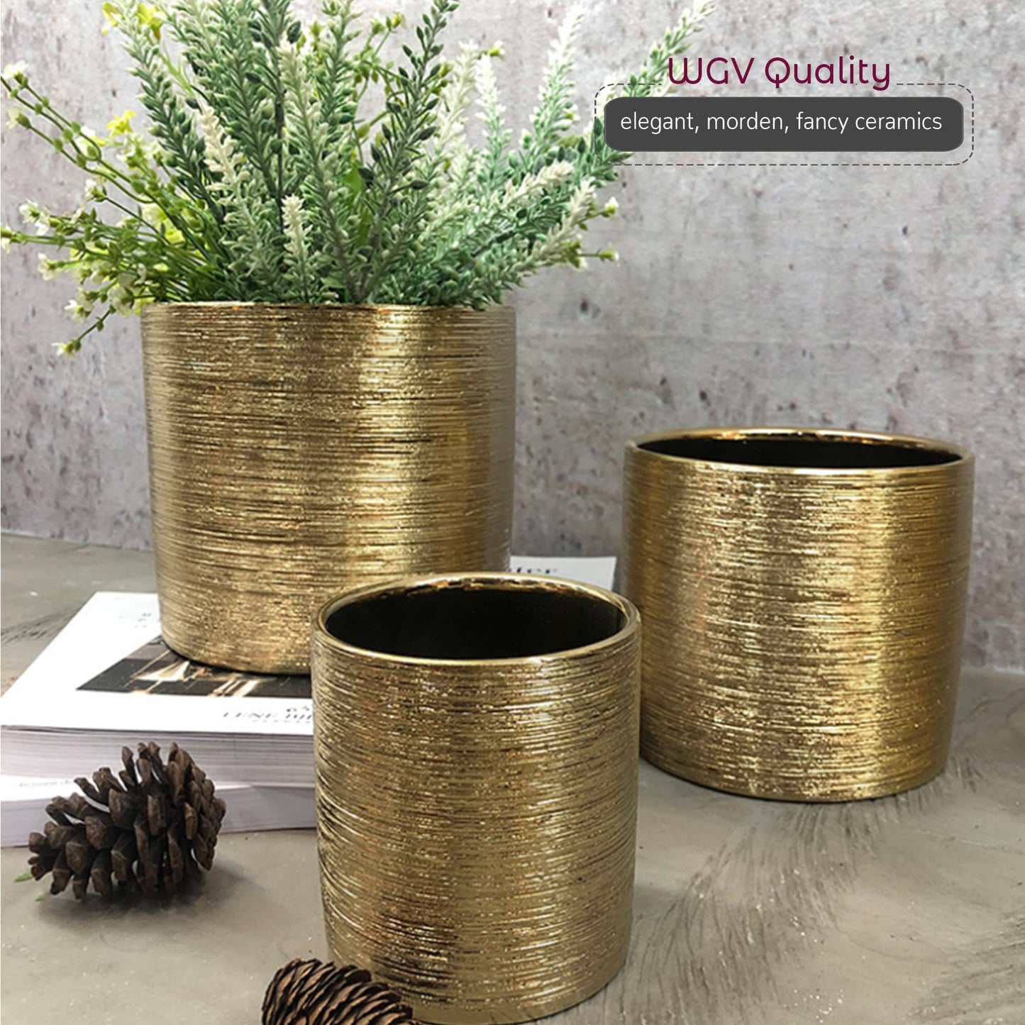 WGVI Gold Etched Ceramic Cylinder Vase Width 5.5" Height 5", Flower Arrangements, Candle Holder, Terrarium Planter Pot, Storage Container Organizer, Pen Brush Holder, Scratched Texture Design, 1 Pc