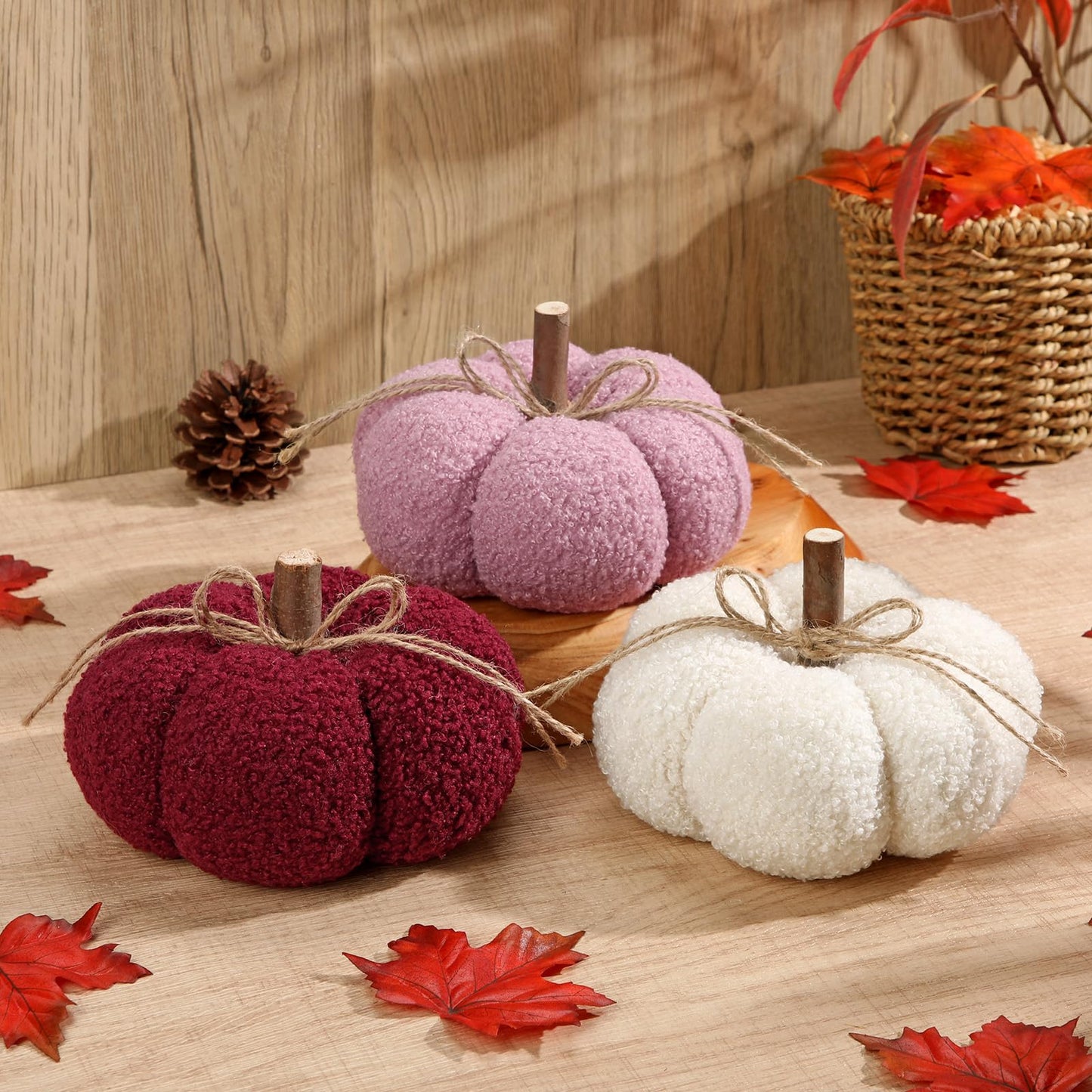 6" Fake Fall Pumpkin Decorations for Home, 3 Pcs Artificial Big Fabric Pumpkins Autumn Decor Faux Pumpkins for decorating, Fall Table Centerpiece Harvest Decor, Halloween Thanksgiving, Burgundy & Pink