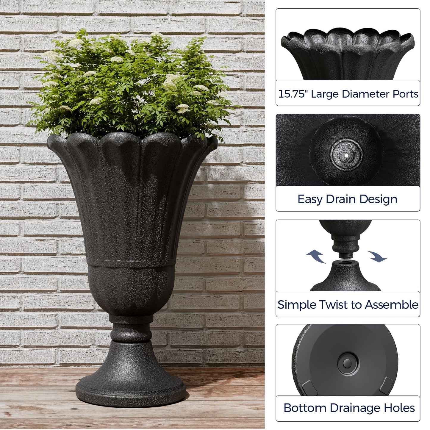 FONTOI 23" Tall Plastic Urn Planter (2-Pack) – Planters for Outdoor Plants with Drainage Holes & Petal Design, Heavy-Duty Classic Indoor Large Flower Pots for Home Garden, Front Porch & Decor, Black