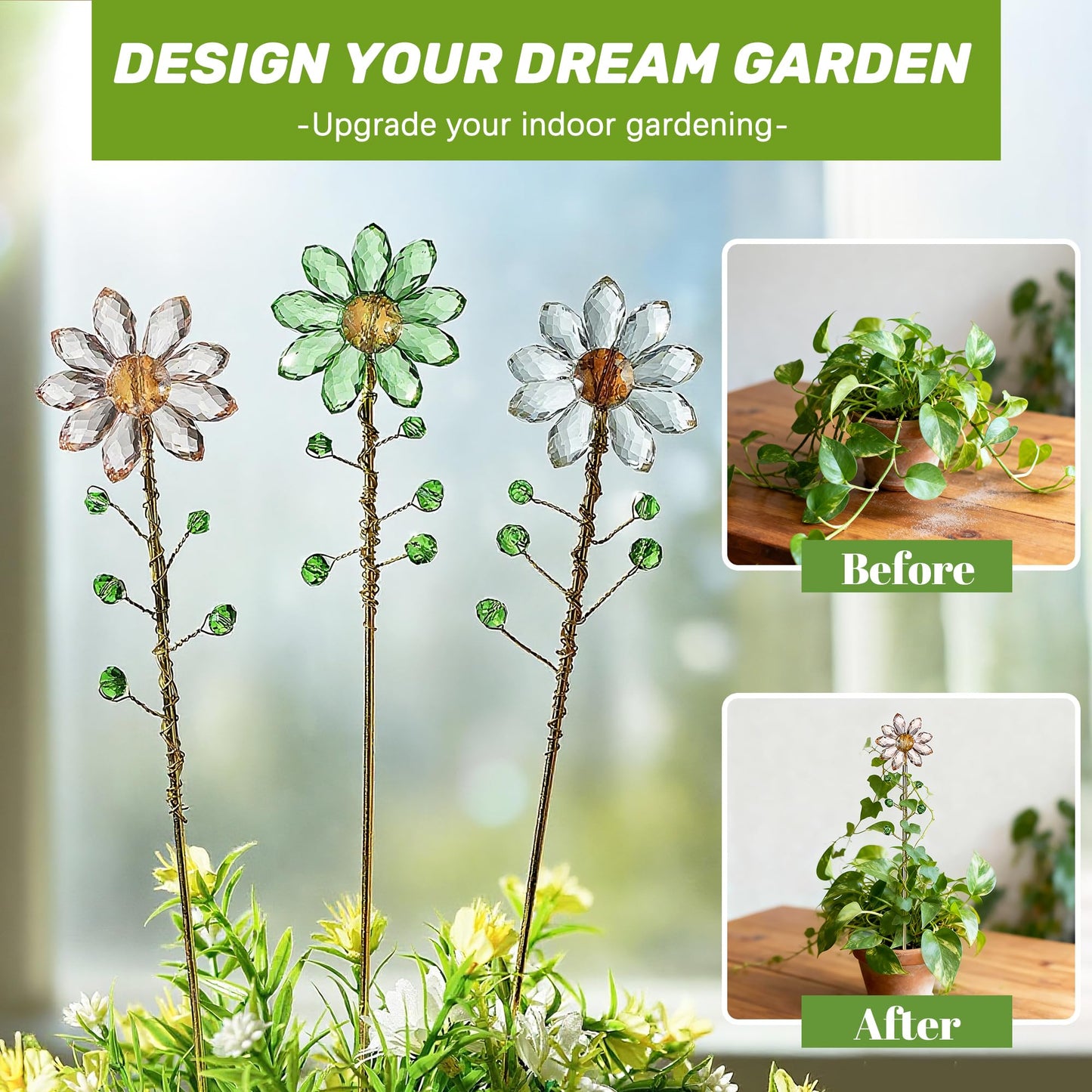 H&D HYALINE & DORA 3 Pcs Crystal Sunflower Suncatchers with 13'' Gold Trellis Metal Plant Stake for Indoor Outdoor Garden Potted Plants Decorations Plant Lover Gift(Clear, Green, Pink)