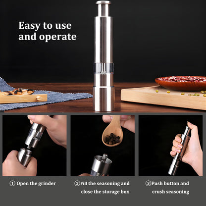 One handed seasoning spice mill gadgets, push button salt and pepper grinder, Solid Stainless, 1 Pcs or Buy more, silver