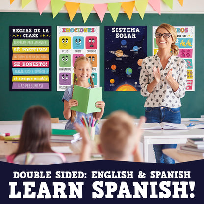 16 Laminated Educational Writing Posters for Kids (English & Spanish) - Double-Sided Learning Charts, 32 Total Designs, Classroom & Homeschool Supplies