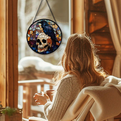 Hxlac Black Raven Halloween Suncatcher Stained Glass Window Hanging, Gothic Skull Black Crow Sun Catchers Indoor Window Glass Round Wall Decor, Halloween Raven Wall Art Hanging Decorations, ＂7.8x7.8＂