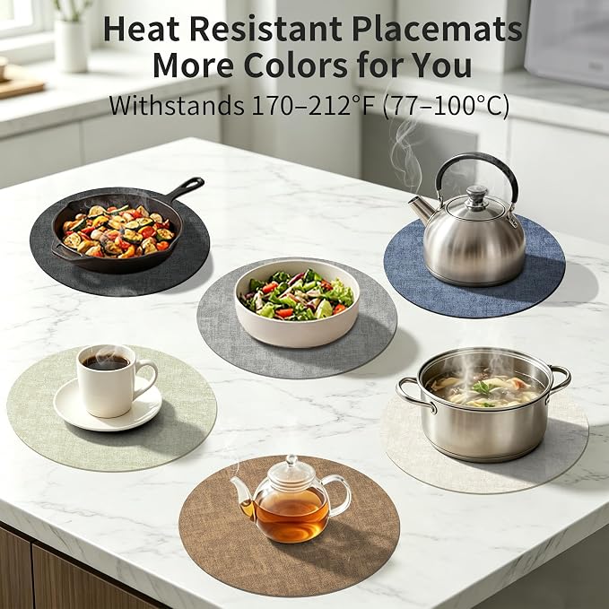 Maxpearl Round Placemats Set of 6, 13.8 inch Faux Leather Heat Resistant Table Mats, Non Slip Waterproof Wipeable Place Mats for Kitchen Dining Holiday Party Table Settings, Sage Green