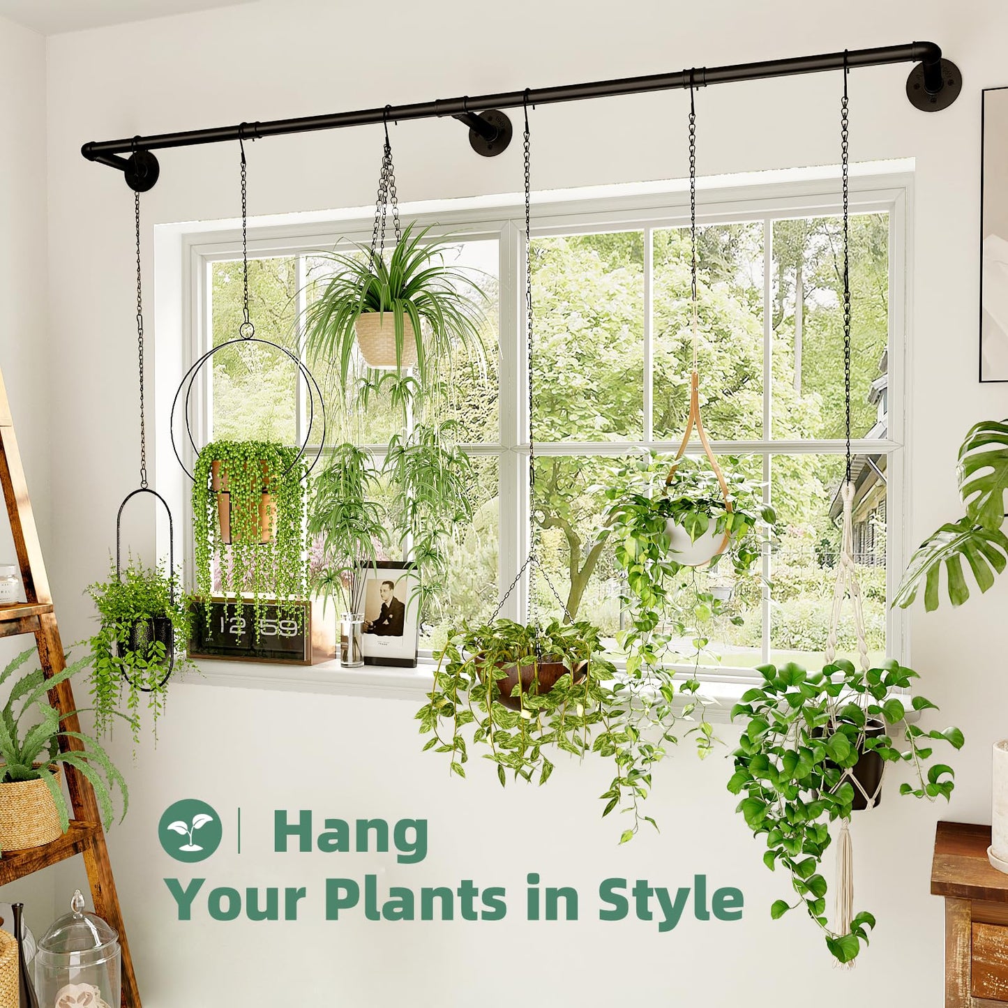Galood Plant Hanger Indoor with 6 Hanging Chains Hanging Planters for Indoor Plants Hanging Plant Holder Window Plants Rod Black Metal Shelves(70.8 Inch Pot not Included