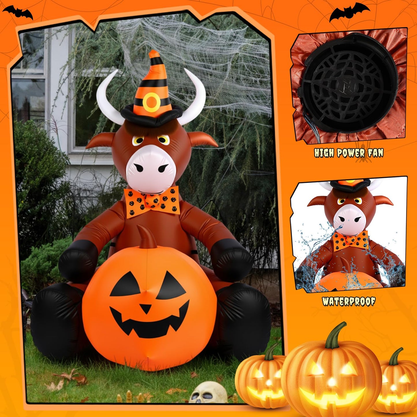 Soulchen 5FT Halloween Inflatable Highland Cow Outdoor Decorations with Witch Hat Holding Pumpkin Built-in LED Lighted Halloween Blow up for Yard Garden Lawn Holiday Party Decor