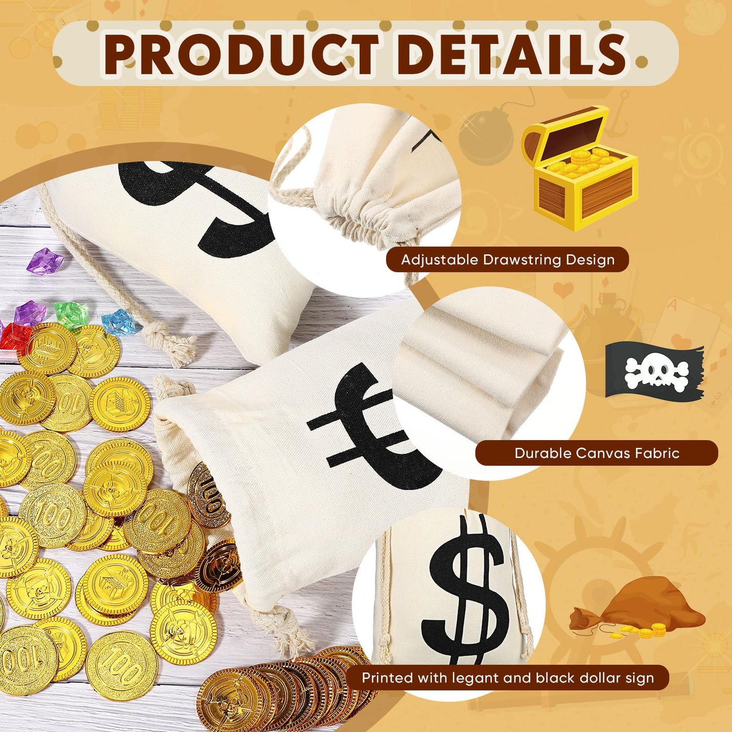 LEIFIDE 4 Pcs Canvas Money Bag Pouch with Drawstring Dollar Sign Carrying Sack Costume Props Canvas Coin Bag for Halloween Cosplay(6.3 x 9 Inch)