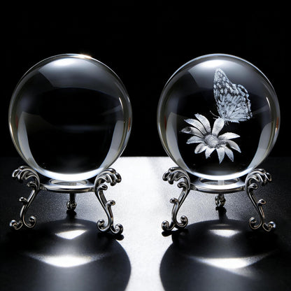 vskikris 3D Laser Engraved Crystal Ball Set, 60mm K9 Clear Crystal Sphere with Butterfly & Flower Design + Blank Ball, with Gold Stand, for Home Decor, Feng Shui, Unique Gift for Women