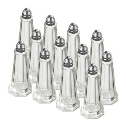New Star Foodservice Glass Tower Salt and Pepper Shakers, 1 oz Set of 12, Clear Glass Shakers with Stainless Steel Tops for Restaurants and Tabletop Use