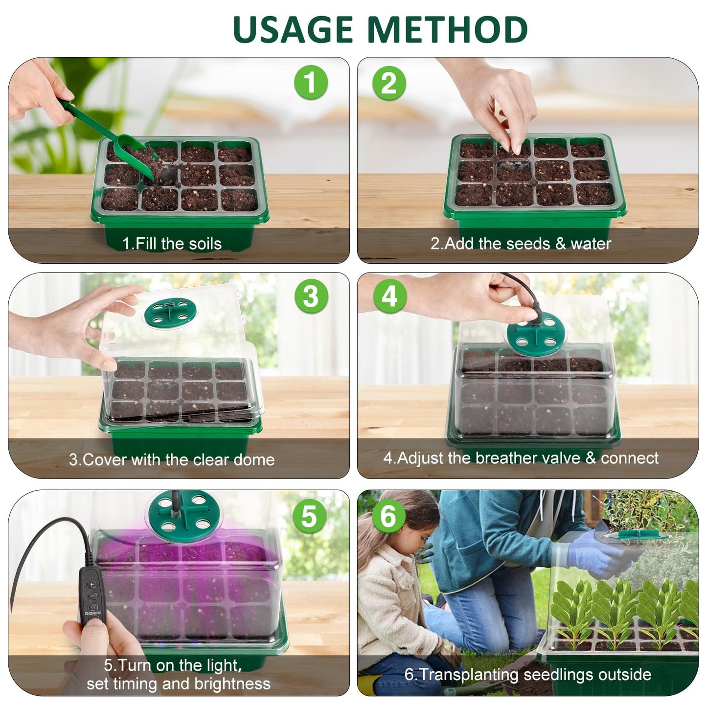 Tuidshui Seed Starter Tray with Grow Lights 5 PCS Kit Humidity Dome Adjustable Brightness Timer Controller 8 LED Seedling Trays with Tall Lid Mini Greenhouse for Staring Seedlings
