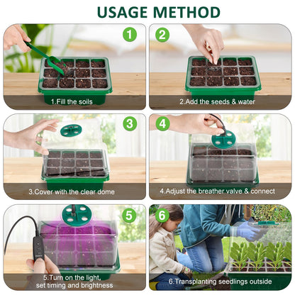 Tuidshui Seed Starter Tray with Grow Lights 5 PCS Kit Humidity Dome Adjustable Brightness Timer Controller 8 LED Seedling Trays with Tall Lid Mini Greenhouse for Staring Seedlings