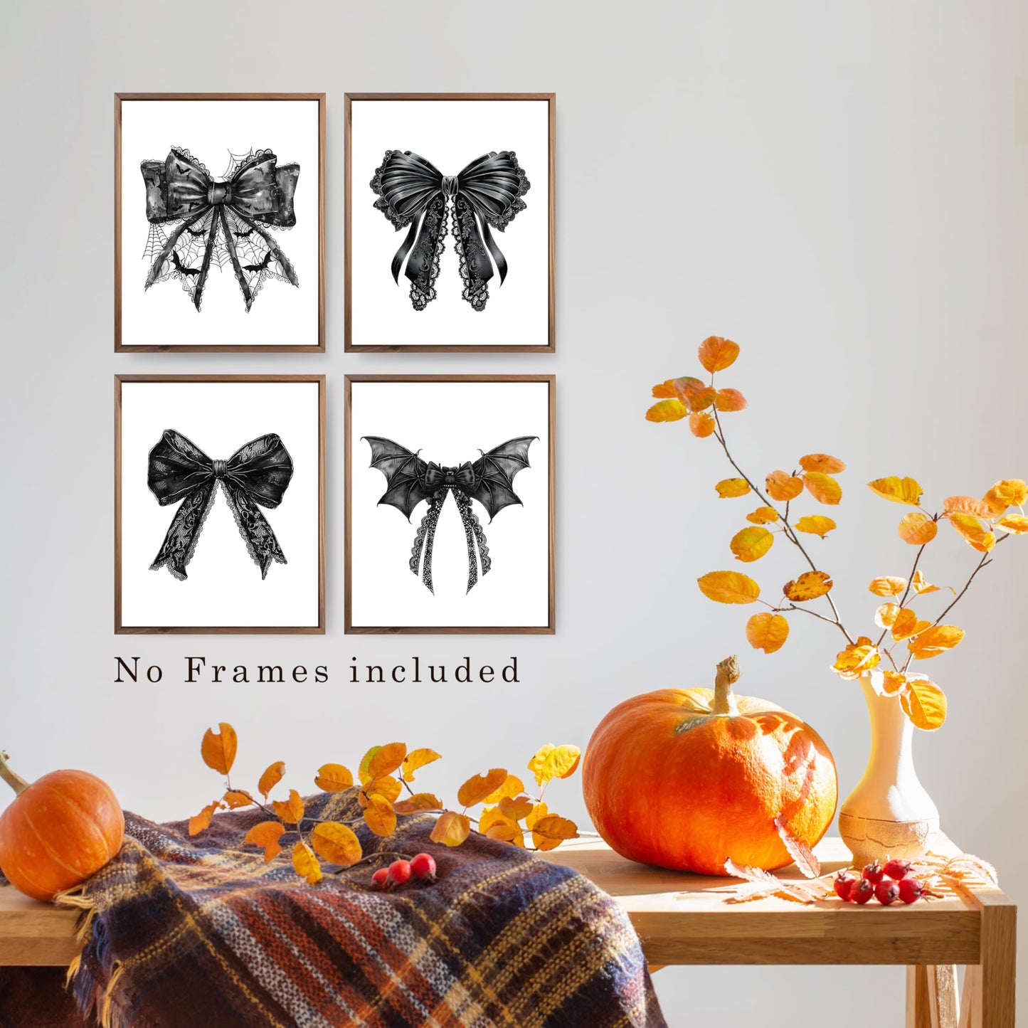 JWVK Coquette Halloween Black Lace Bow Bats Wall Art Prints Set of 4, Gothic Halloween Decor, Halloween Wall Decorations, Dark Academia Halloween Posters Wall Decor for Home Office, 8x10 Unframed