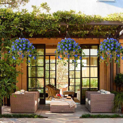 Homsunny Artificial Vine Silk Petunia Flowers, Fake Hanging Plant in Basket, Coconut Lining Pot Porch Decoration for Patio Lawn Garden Spring Summer Decor(Blue)