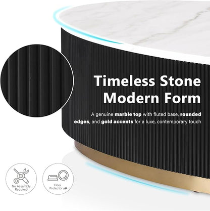Furniture of America Beryl Modern Oval White Genuine Marble Top Coffee Table with Fluted Pedestal Base and Gold Stainless Steel Accent, Low Profile Table for Living Room, Home Office, Black