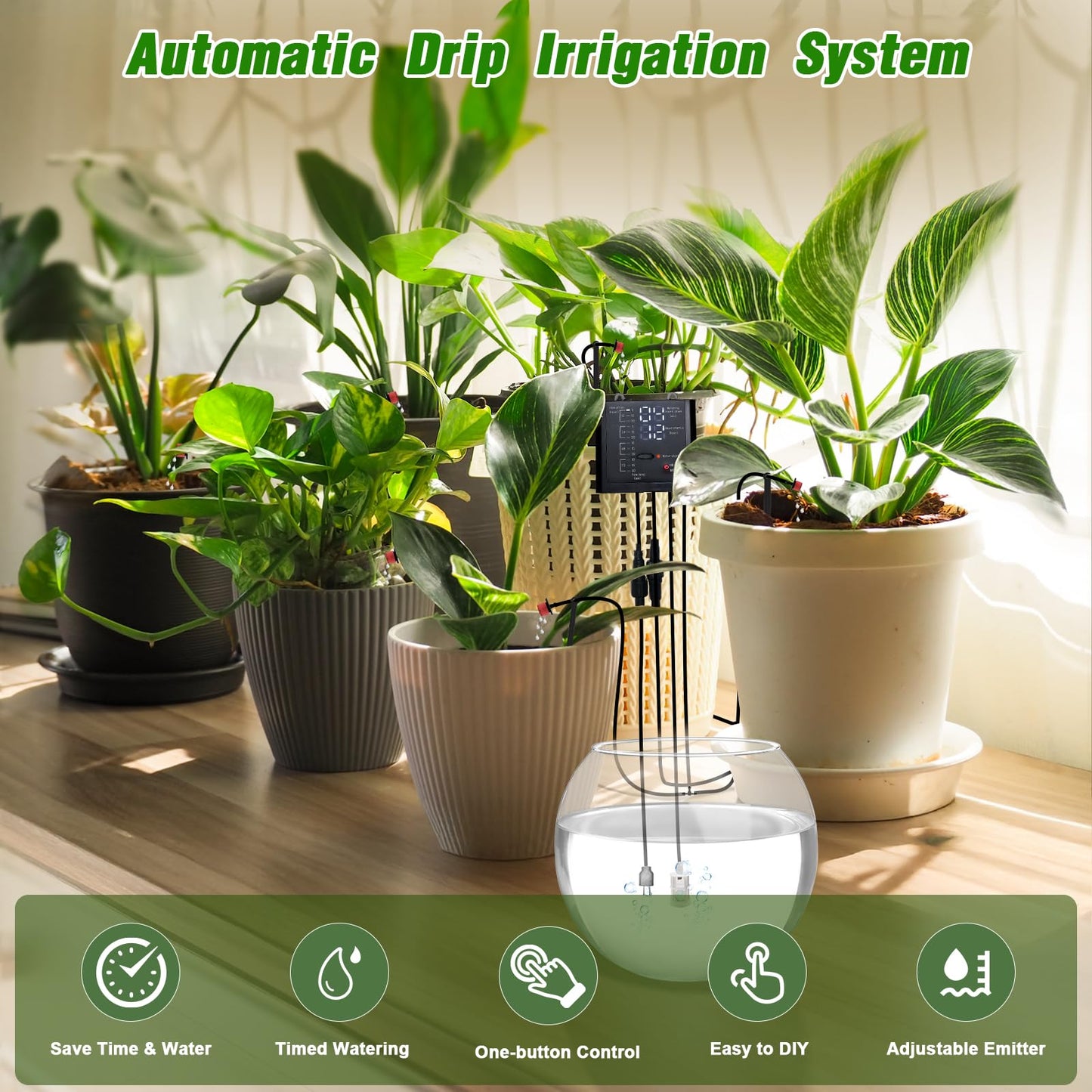 Automatic Watering System for Indoor Plants, DIY Drip Irrigation Kit with Timer for Potted Plants,Self Watering Device for Garden, Greenhouse & Vacation Plant Care (10 pots, Adjustable dripper)