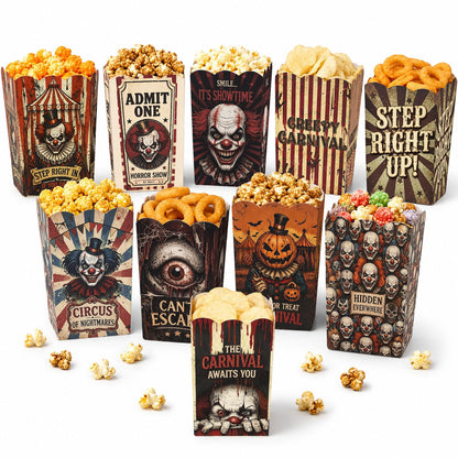 100 Pcs 10 Styles Halloween Creepy Clown Popcorn Boxes Cardboard Popcorn Bags Snack Boxes Spooky Treat Bags for Candy Biscuits Party Favors Halloween Movie Night Supplies Party Supplies