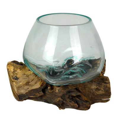 Zeckos Planter Terrarium with Molten Glass Bowl on Driftwood Base, Coastal Wood and Glass Tabletop Planter, 7.5 X 7 X 6 Inch Freestanding Indoor Accent for Succulents or Air Plants
