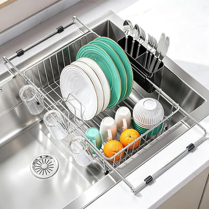 Urackify Dish Drying Rack in Sink, 304 Stainless Steel Expandable (15.35"-23.23"L) Over the Sink Dish Rack with Utensil Holder for Compact Kitchen, Space - Saving Dish Drainer for Inside Sink, Silver