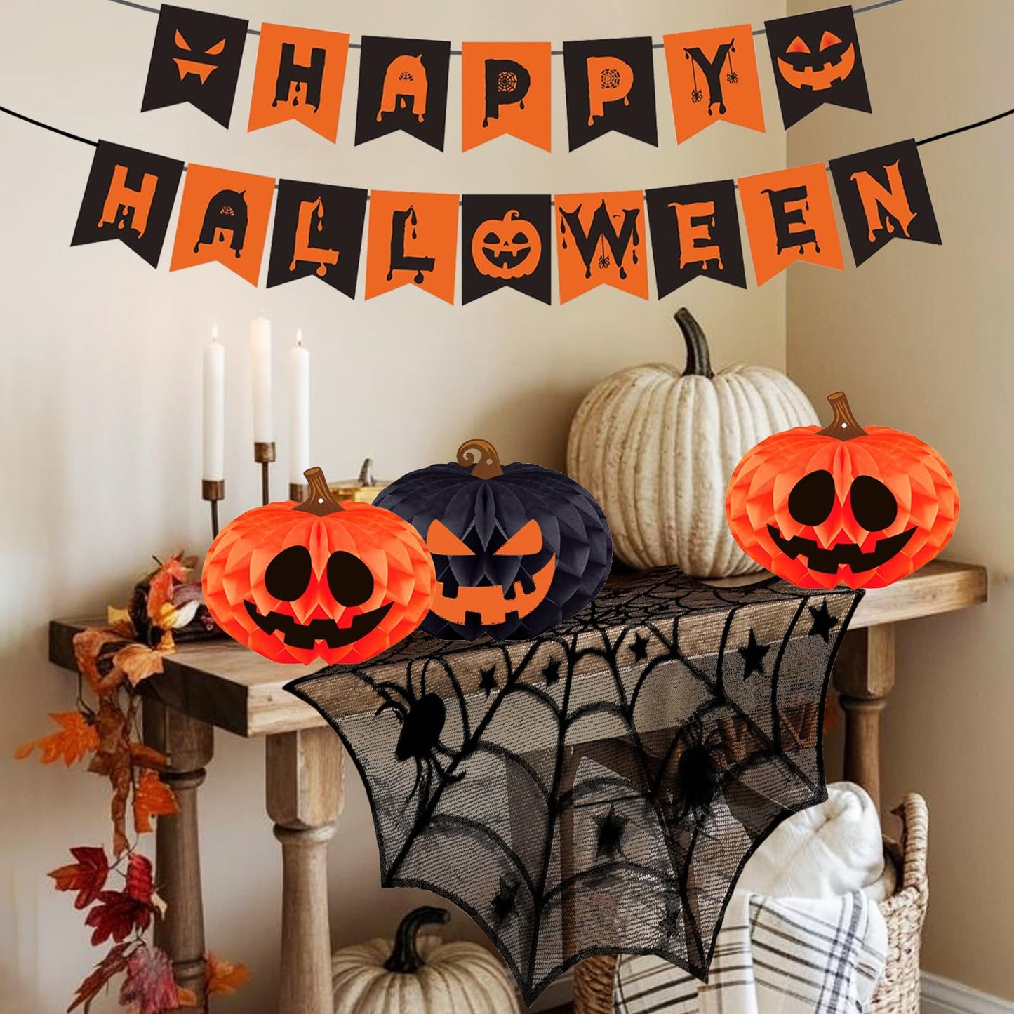 Halloween Party Decorations Indoor Kit with Paper Honeycomb Balls & fans, Fireplace Mantel Scarf, Spiderweb Table Runner, Banner, 48 Pcs Scary Bat Sticker for Halloween Spooky Home Decor