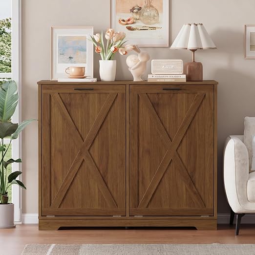Double Tilt Out Trash Can Cabinet, Wooden Farmhouse Kitchen Garbage Bin Enclosure with Negative Ion Odor Control, Hidden Dog Proof Trash or Laundry Basket Storage for Laundry Room, Walnut