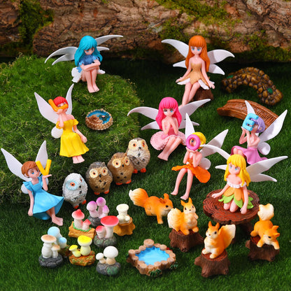 GGSTDDUP 33 Pcs Fairy Garden Accessories Miniatures Garden Kit with Resin Fairies, Mushroom House & Bridge Miniature Accessories for Terrarium, Dollhouse & Outdoor Decor