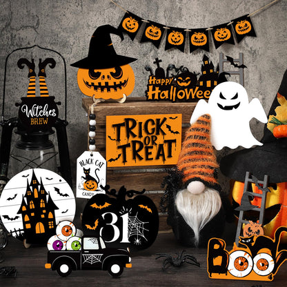 Geetery 18 Pcs Halloween Tiered Tray Decorations Set Wooden Halloween Table Decorations Plush Gnome Pumpkin Ghost Boo Wood Block Sign for Tiered Tray Party Decor Home Supplies