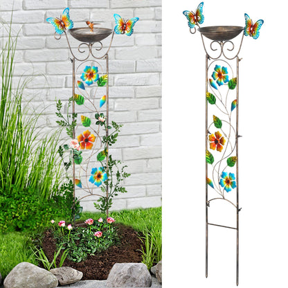 Garden Trellis Bird Bath Outdoor, 43.5 Inch Antique Iron Garden Plant Trellis Decorative with Floral-Butterflies and Detachable Drinking Basin Bowl, Free Standing BirdBath Birdfeeder Station