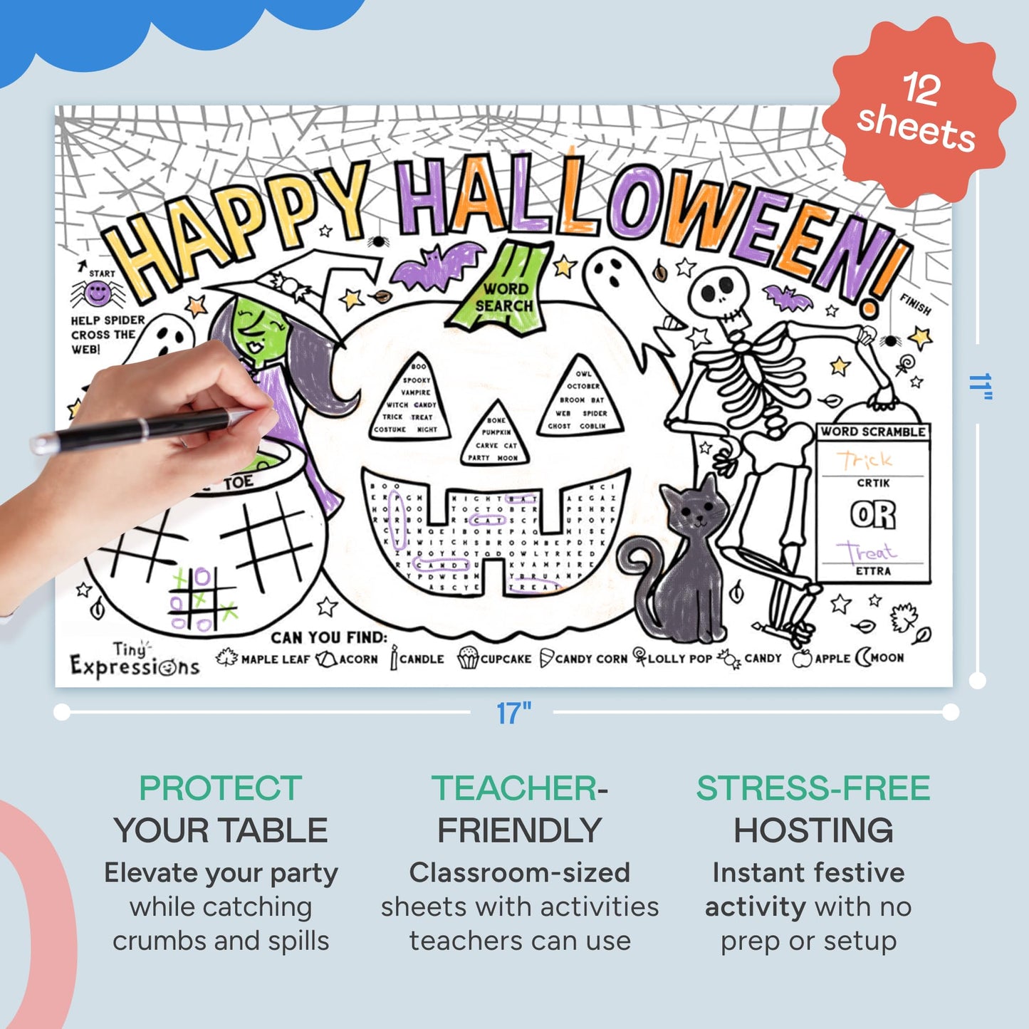 Tiny Expressions Halloween Placemats (Pack of 12 Pumpkin Placemats) | Coloring Activity Paper Table Mats for Parties & Events | Disposable Bulk Bundle Set