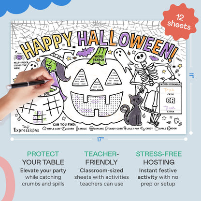 Tiny Expressions Halloween Placemats (Pack of 12 Pumpkin Placemats) | Coloring Activity Paper Table Mats for Parties & Events | Disposable Bulk Bundle Set