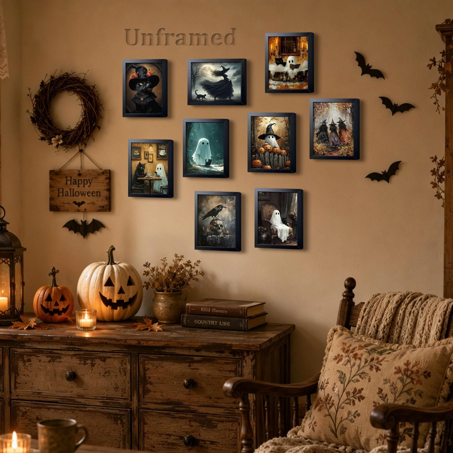 XYHYRA Halloween Wall Art Canvas Prints Set of 9, Dark Academia Wall Decor Painting, Ghost Cat Printed Poster, Gothic Spooky Aesthetic Picture for Gallery Living Room Bedroom Decor 8x10 inch Unframed