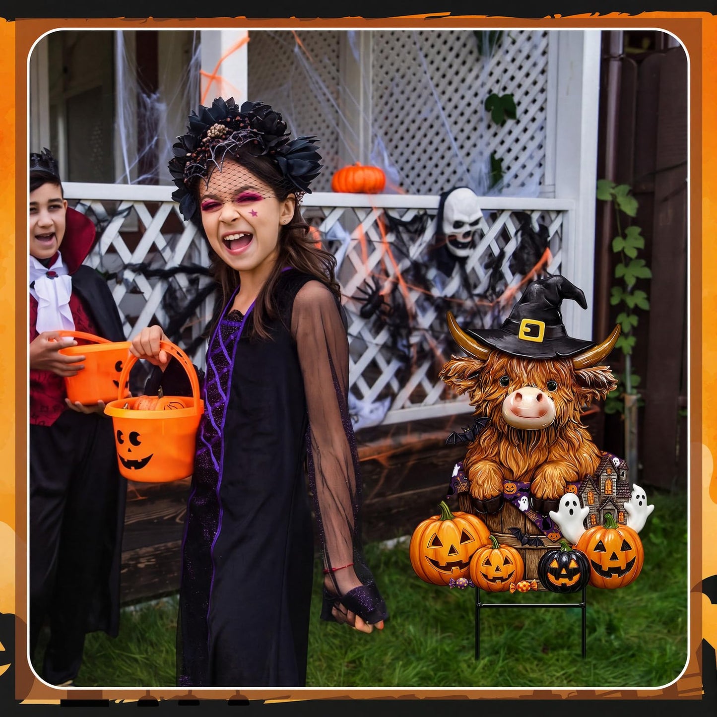 Amyhill Halloween Highland Cow Outdoor Decor Metal Garden Stakes with Pumpkins Bats Yard Signs for Halloween Outdoor Lawn Porch Backyard Holiday Lawn Decorations