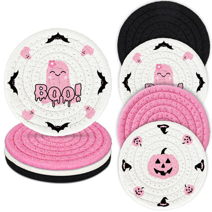 Whaline 4Pcs Halloween Handmade Braided Cotton Coasters Pink Black Pumpkin Ghost Boo Drink Coasters Absorbent Cup Mat for Home Office Party Decor, 4.3 Inch