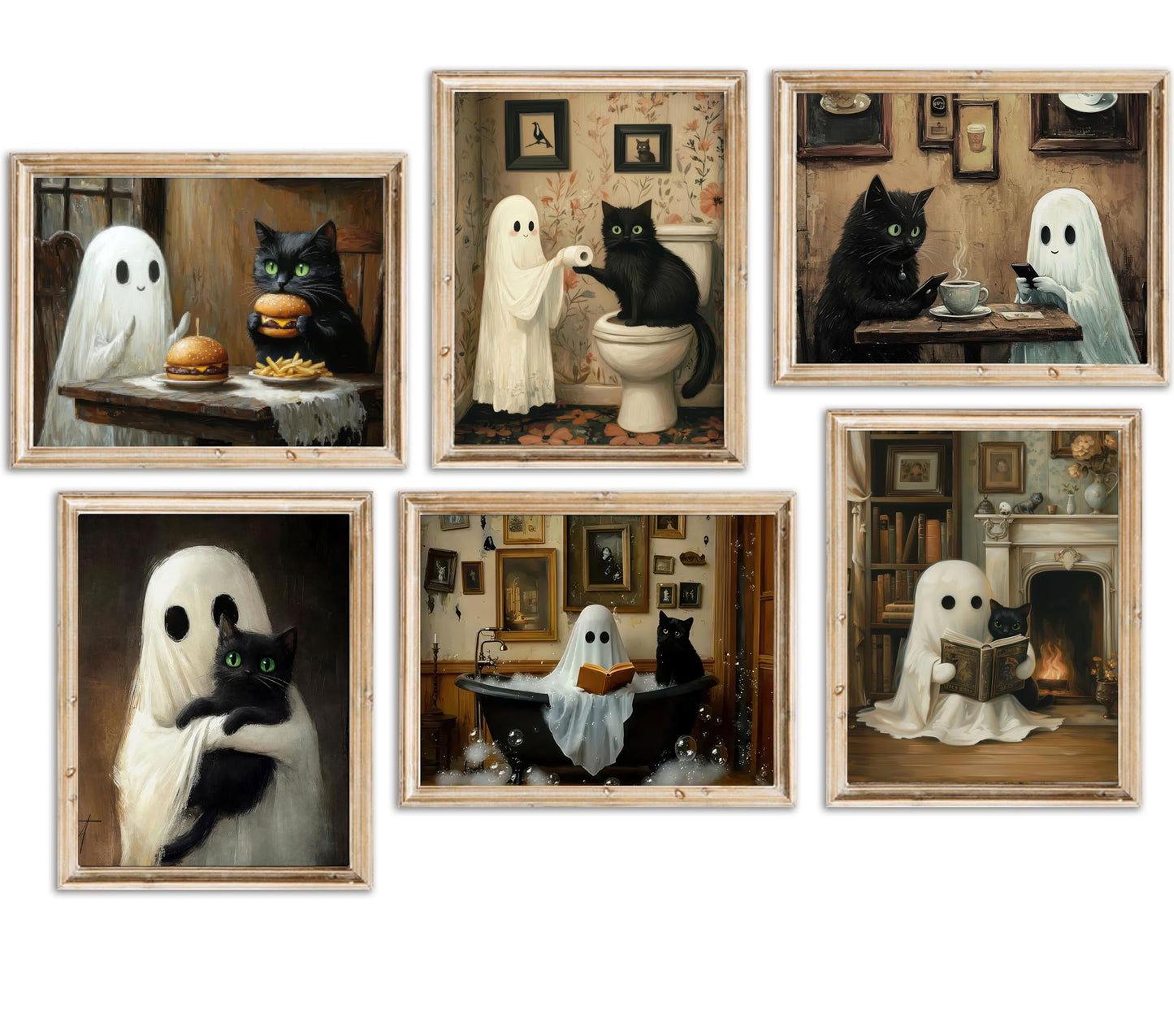 6Pcs Halloween Ghosts Wall Art Ghost Black Cat Funny Gothic Wall Decor Pictures Retro Horror Creepy Dark Academia Poster Prints for Bedroom Gallery Bar Home Decoration 8x10in Unframed