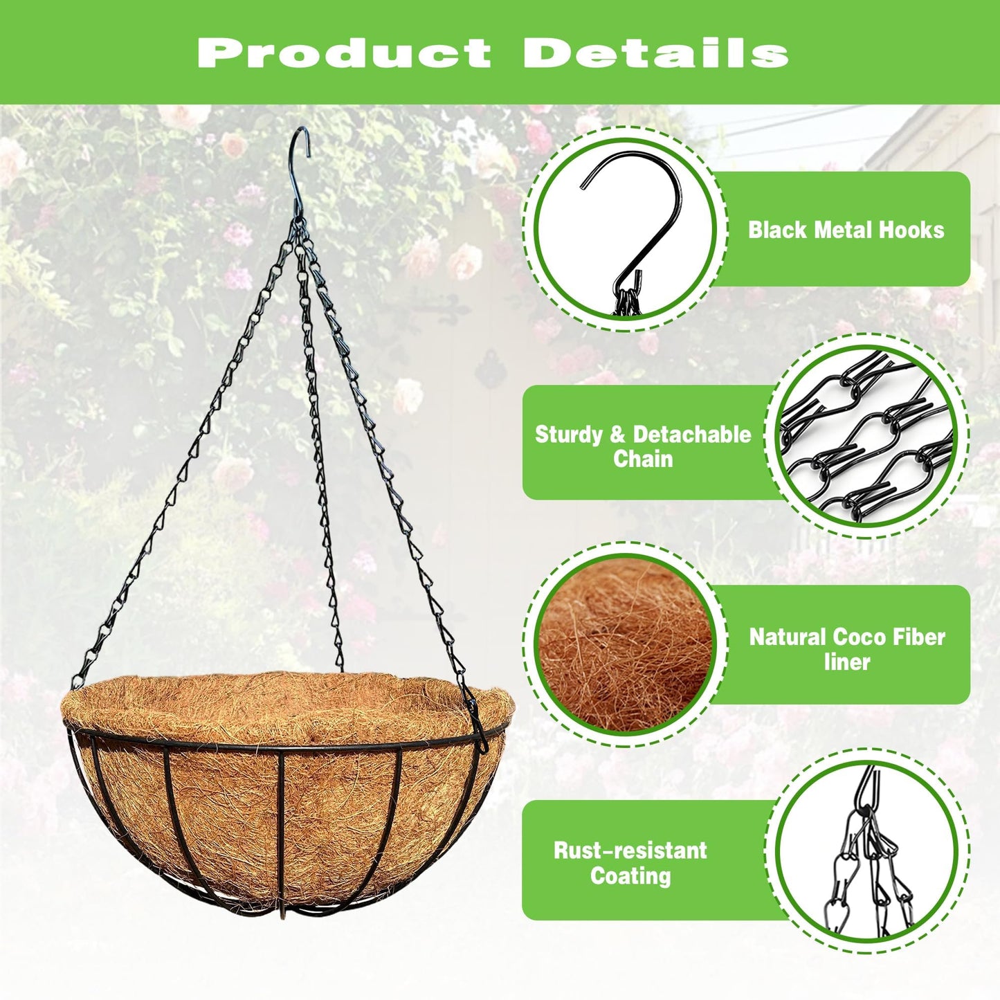 ZVOWOS 2 Pack 12 Inch Black Metal Hanging Basket Hanging Planter with Coco Coir Liner Heavy Duty Hanging Flower Pot Holder for Indoor Outdoor Patio Garden Porch Balcony Decor (Watermelon)