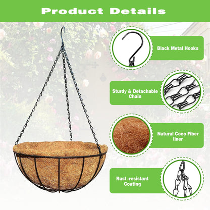 ZVOWOS 2 Pack 12 Inch Black Metal Hanging Basket Hanging Planter with Coco Coir Liner Heavy Duty Hanging Flower Pot Holder for Indoor Outdoor Patio Garden Porch Balcony Decor (Watermelon)