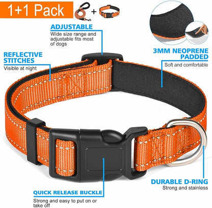 Ladoogo Reflective Dog Collar Padded with Soft Neoprene Breathable Adjustable Nylon Dog Collars for Small Medium Large Dogs (Large (Pack of 1), Orange Collar+Leash)