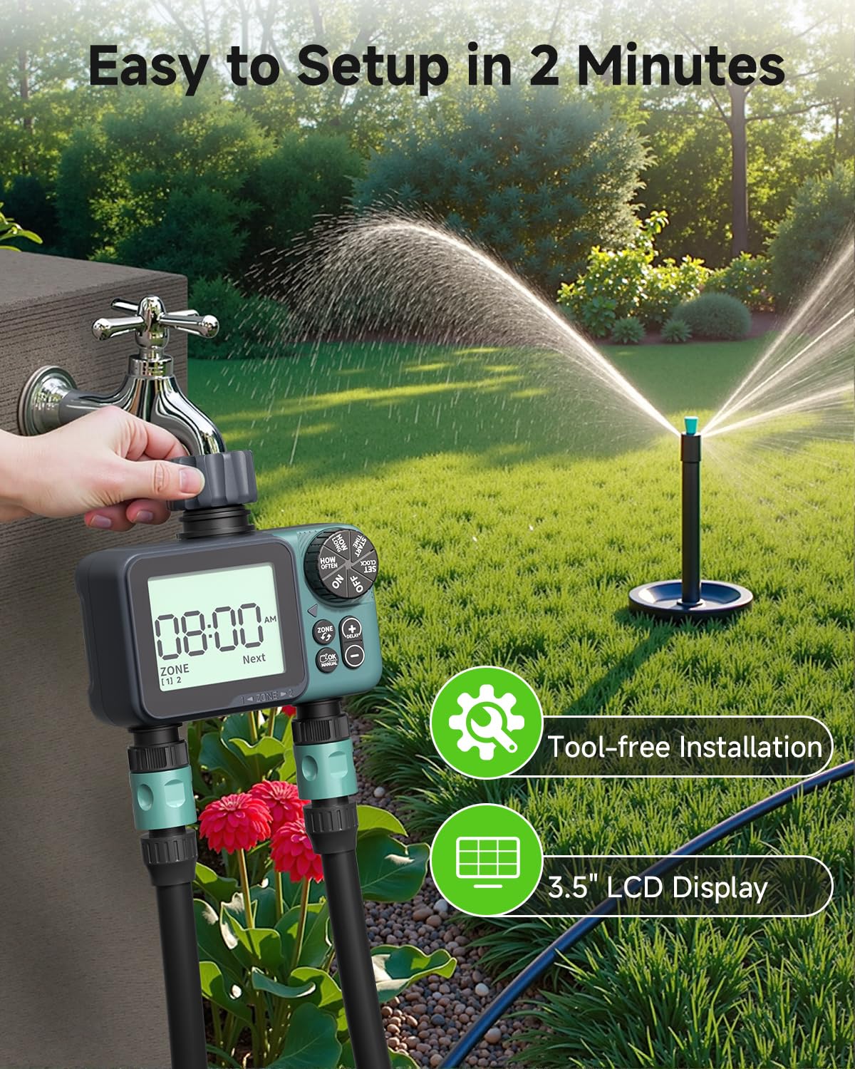 Sprinkler Timer 2 Zone & Digital Water Timer for Garden Hose, Yard, Lawn, Pool – Programmable Irrigation Controller with Rain Delay, IP66 Waterproof Auto & Manual Irrigation System