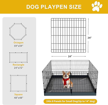 Dog Playpen, Foldable Metal Puppy Play Pen with Bottom Pad, 24x24in 8 Panels Dog Playpen with Door for Indoor Outdoor, Heavy-Duty Pet Exercise Fence for Small Medium Animals