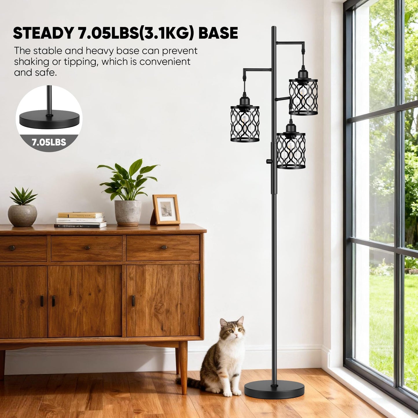 ROTTOGOON Dimmable Farmhouse Floor Lamp, Industrial Floor Lamp for Living Room with 3 X 6W LED Bulbs, 3 Light Rustic Standing Tall Lamp for Bedroom, Office, 68"