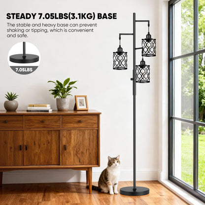 ROTTOGOON Dimmable Farmhouse Floor Lamp, Industrial Floor Lamp for Living Room with 3 X 6W LED Bulbs, 3 Light Rustic Standing Tall Lamp for Bedroom, Office, 68"