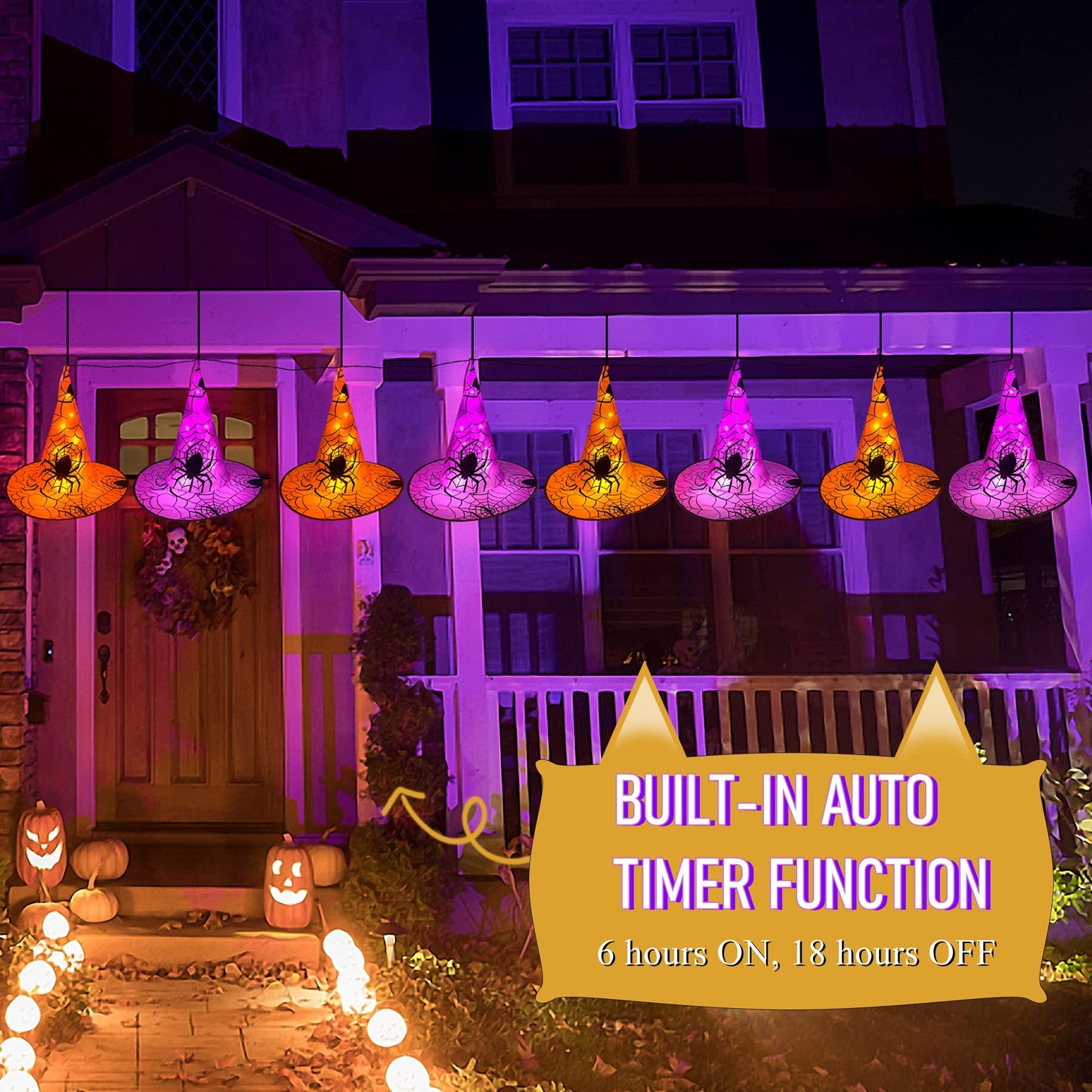 WATERGLIDE Halloween Decorations 8 Pcs Lighted Hanging Witch Hats, with 8 Modes Light Up 16 FT Halloween String Lights, for Indoor Outdoor Yard, Lawn, Graveyard Scenes Party