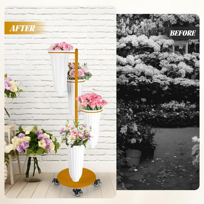 LEALIBAUSS Metal Flower Bar Stand With 4 Buckets Flower Cart Display Stand with Wheels Floral Bar for Wedding,Garden Events Party Decor (GOLD)