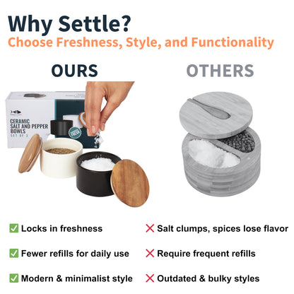 Set of 2 Salt and Pepper Bowls for Countertop - Modern Ceramic Salt Cellar with Lid Set - Minimalist Salt Containers for Fresh Spices - Stylish and Functional Salt Storage for Any Kitchen