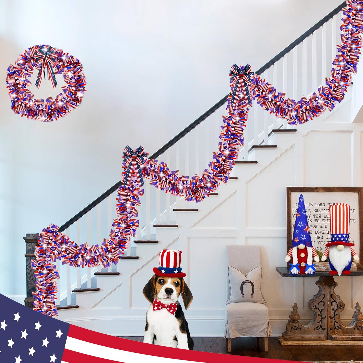 50 FT 4th of July Tinsel Garland, Red White and Blue Patriotic Flags Garland for Home Party Holiday Celebration for 250th Anniversary Memorial Day Independence Day 4th of July Decorations
